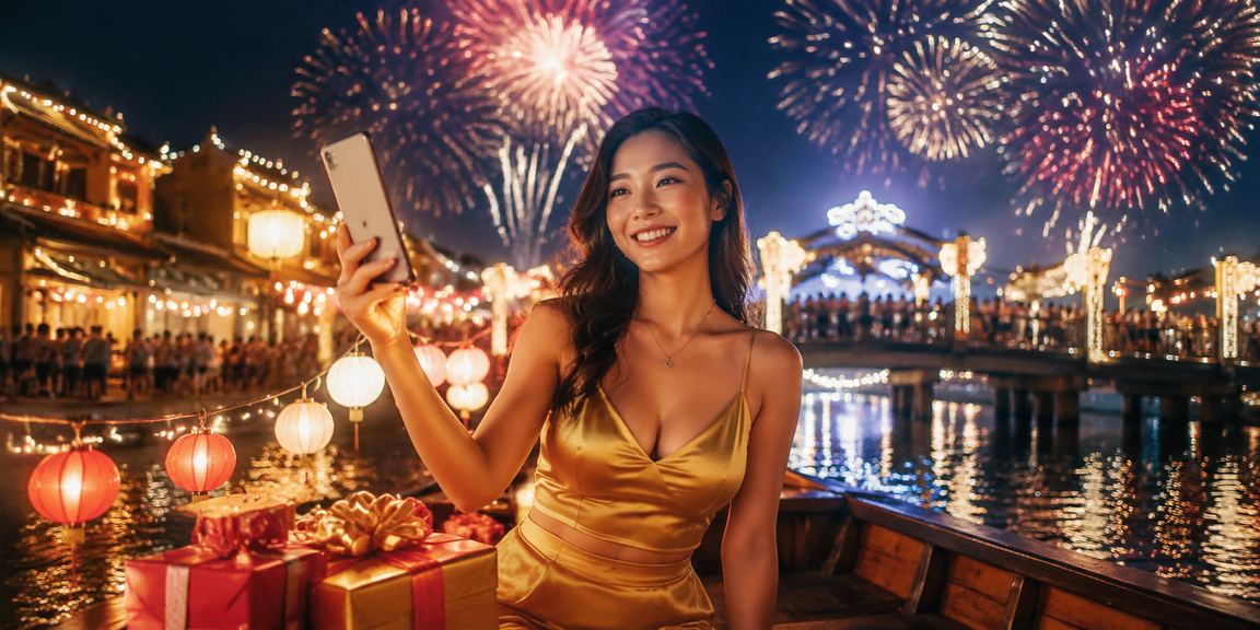 Người dùng tại chợ đêm Hội An truy cập casino di động và thực hiện giao dịch tài chính qua điện thoại